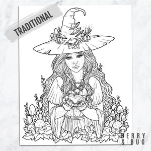 Adult Coloring Page Witch Portrait Coloring Book Illustration Coloring ...