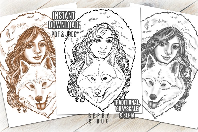 Winter Wolf Girl Coloring Page Printable Adult Coloring Page | Etsy