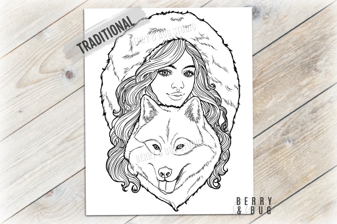 Winter Wolf Girl Coloring Page Printable Adult Coloring Page | Etsy