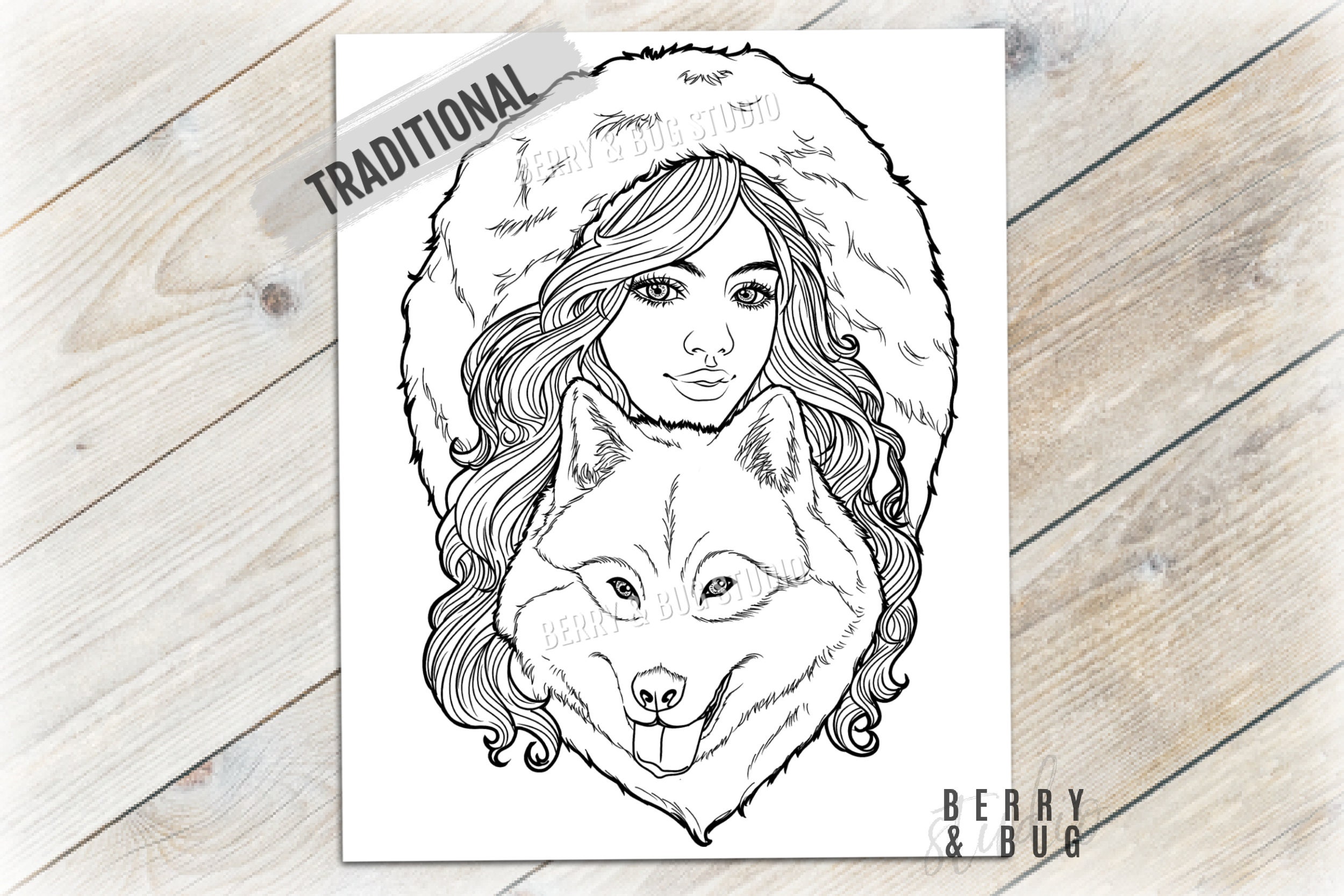 Winter Wolf Girl Coloring Page Printable Adult Coloring Page | Etsy