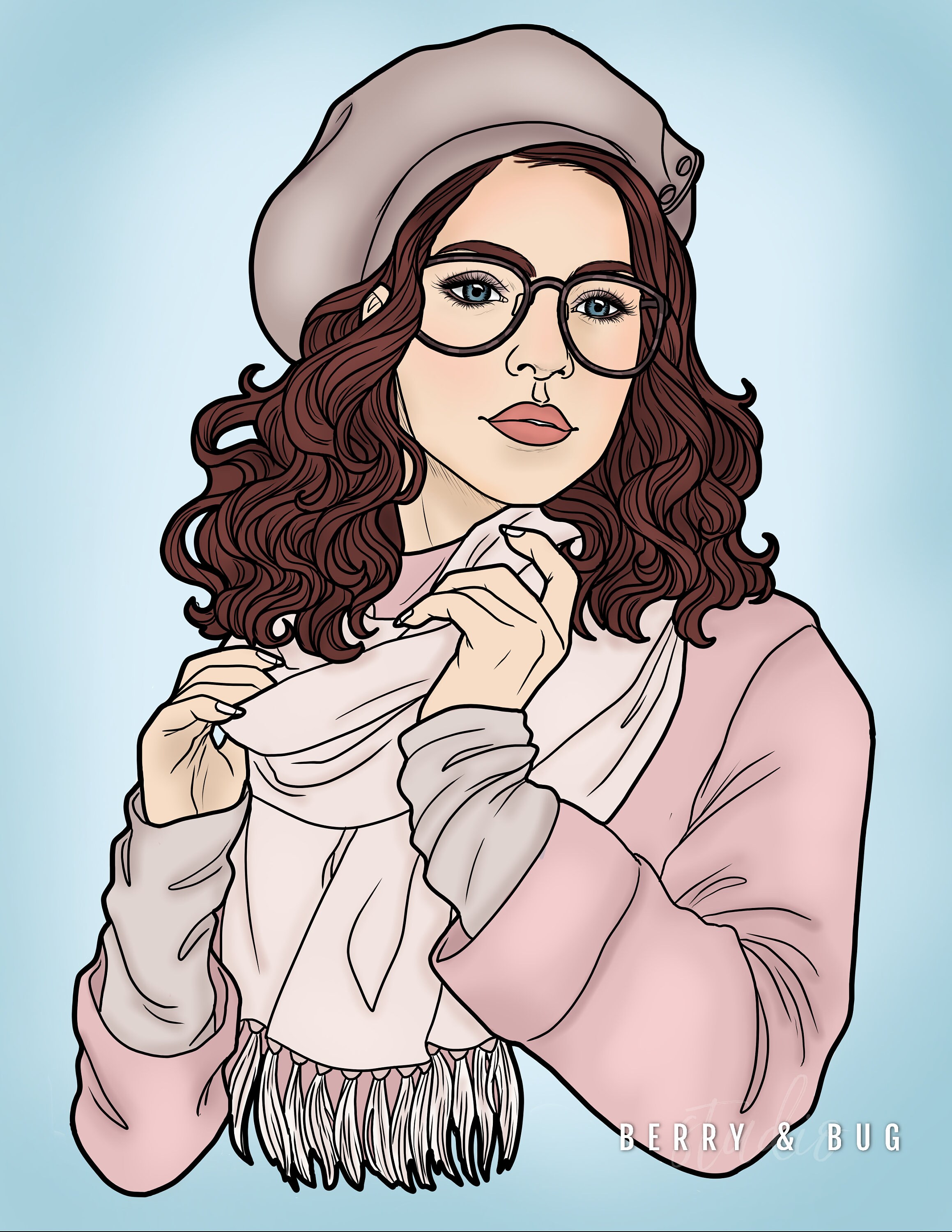 Adult Coloring Page Woman Portrait Coloring Book Illustration Coloring