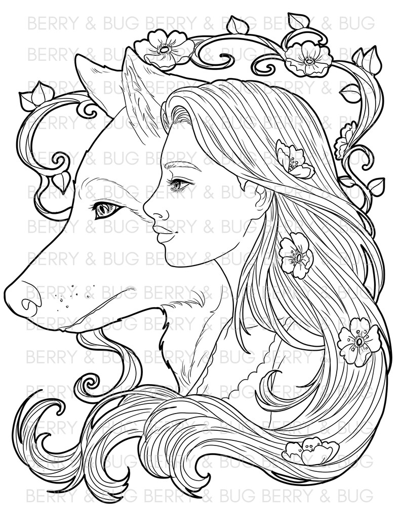 Adult Coloring Page Wolf Portrait Coloring Book Illustration Coloring ...