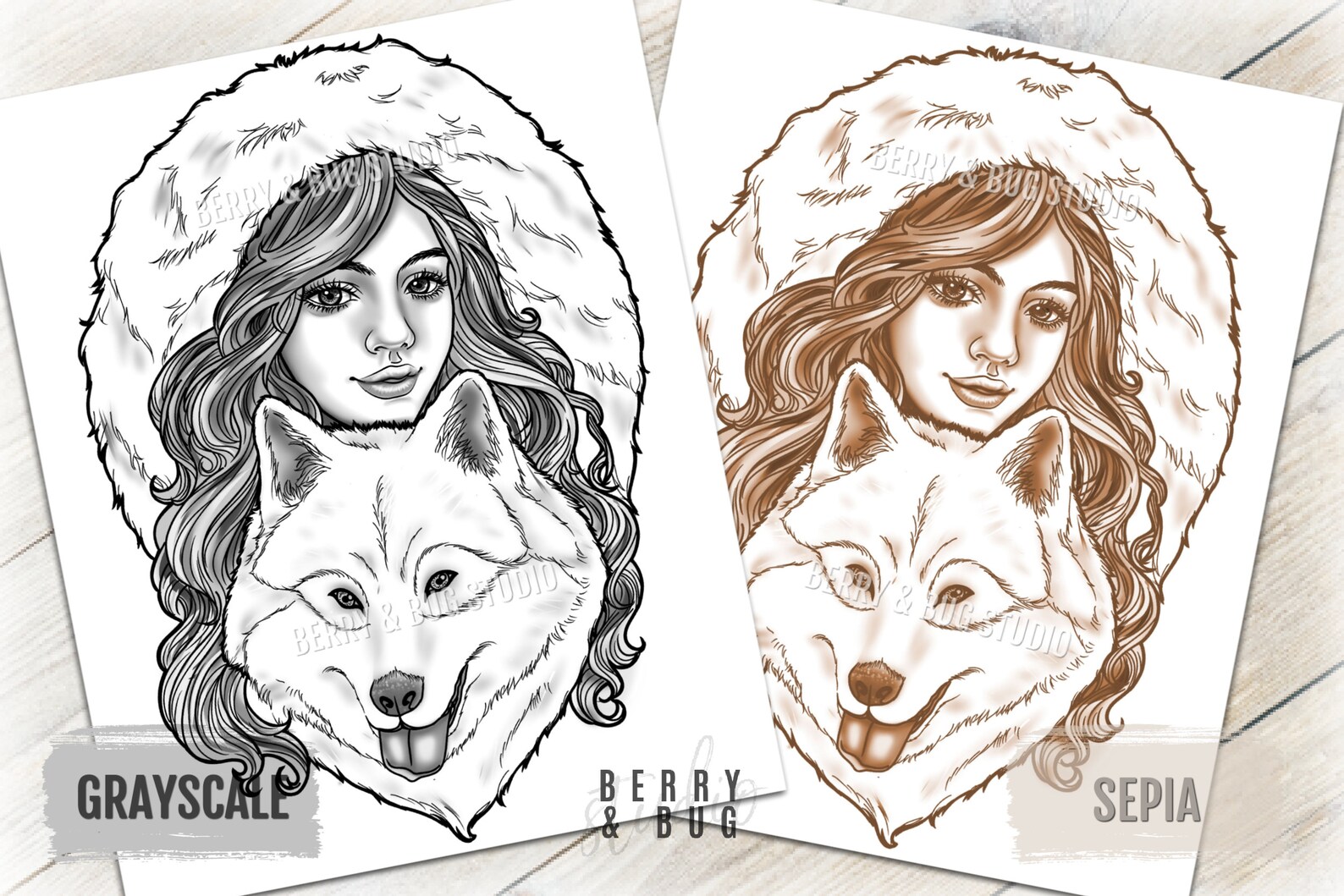 Winter Wolf Girl Coloring Page Printable Adult Coloring Page | Etsy