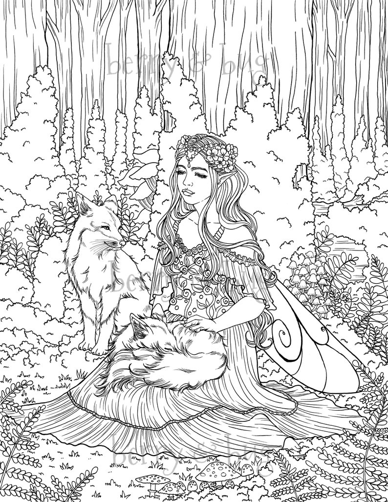 Forest Fairy and Fox Coloring Page Printable Adult Coloring | Etsy