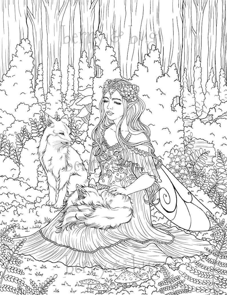 Forest Fairy and Fox Coloring Page Printable Adult Coloring | Etsy