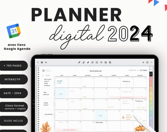 Planner digital 2024 français avec liens vers calendrier Google Agenda I Objectifs pro perso & Équilibre de vie