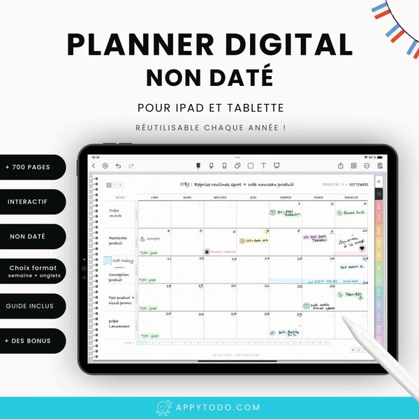 Planner digital non daté pour tablette et iPad - Agenda numérique pour mieux gérer son temps, ses objectifs pro perso & son équilibre de vie