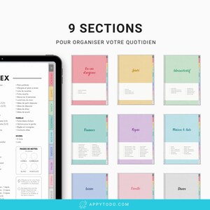 Peut inclure: Un planificateur numérique avec 9 sections pour organiser votre vie quotidienne. Les sections sont intitulées : Urgence, Santé, Administratif, Finances, Repas, Maison & Auto, Loisirs, Famille et Divers. Le planificateur est conçu avec une palette de couleurs pastel colorée.