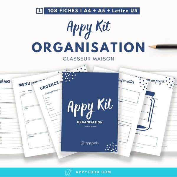 Kit Classeur Maison et organisateur familial, Appy Kit Organisation Bleu - Fiches imprimables - A4 + A5 + Lettre US, recharges Filofax