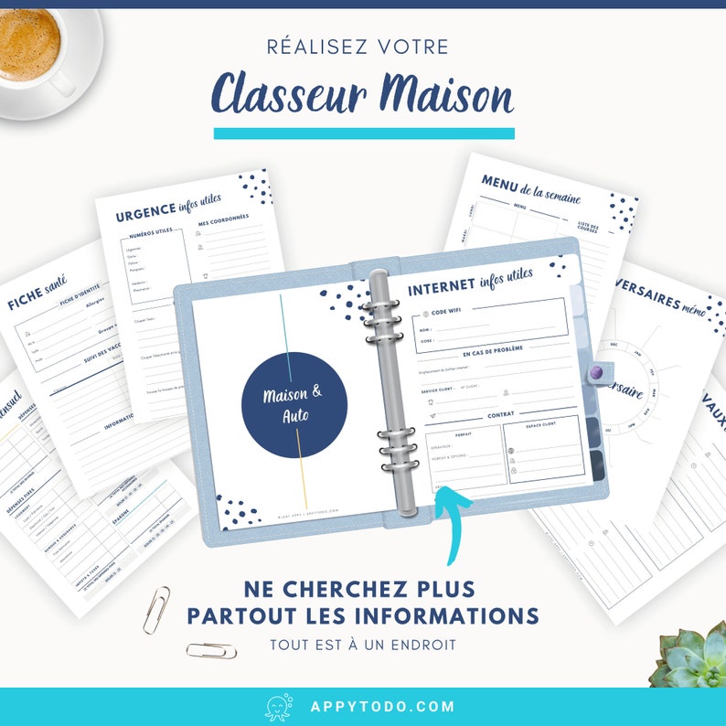 Kit Classeur Maison et organisateur familial, Appy Kit Organisation Bleu Fiches imprimables A4 A5 Lettre US, recharges Filofax image 2