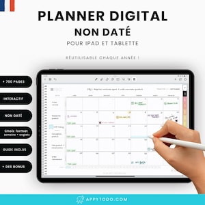 Peut inclure: Une application de planificateur numérique sur l'écran d'un iPad. L'application est ouverte sur une vue de calendrier mensuel avec des notes manuscrites et un stylet. L'application est conçue pour être utilisée avec un iPad ou une tablette et est réutilisable chaque année. L'application comprend 700 pages, des éléments interactifs, un choix de format hebdomadaire ou à onglets, un guide et des fonctionnalités bonus.