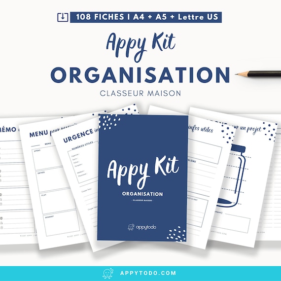 Kit Classeur Maison Et Organisateur Familial, Appy Kit Organisation Bleu  Fiches Imprimables A4 A5 Lettre US, Recharges Filofax 