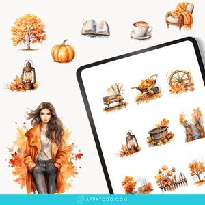 Stickers automne : autocollants numériques automne lot de clipart PNG pour planner saison feuilles orange halloween aquarelle téléchargement
