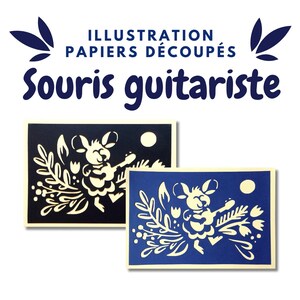 Souris musicienne avec guitare Illustration papiers découpés bicolore enfance