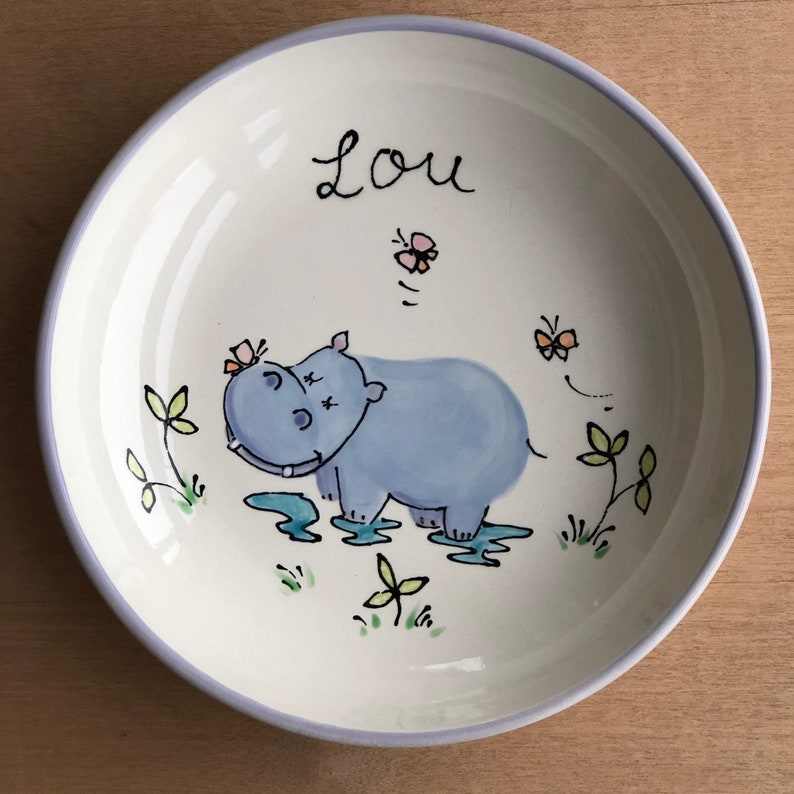 personalized children's plate, ceramic plate with name, baptism gift, first birthday, children's tableware, hippopotamus image 1