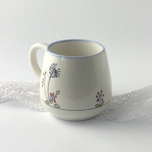 May include: White ceramic mug with a blue rim and hand-painted floral designs in shades of blue, red, and green. The design includes a dandelion, two small flowers, and a few leaves.