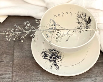 Personalized ceramic tableware, ceramic bowl, salad bowl, cereal bowl, breakfast plate, rose decoration on ceramic