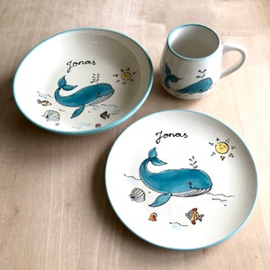 personalized children's plate, ceramic plate with name, christening gift, first birthday, children's tableware, whale image 4