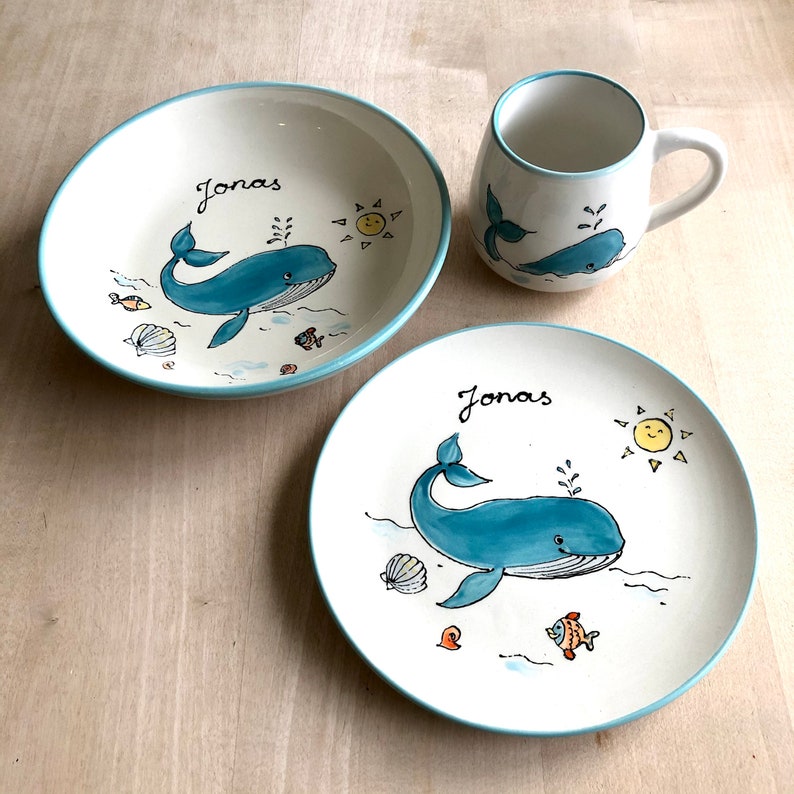 personalized children's plate, ceramic plate with name, baptism gift, first birthday, children's tableware, whale image 4