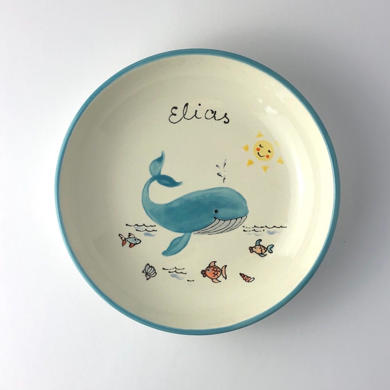 personalized children's plate, ceramic plate with name, christening gift, first birthday, children's tableware, whale image 1