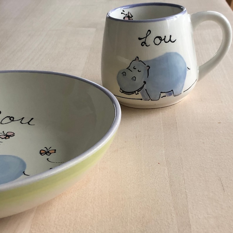 personalized children's plate, ceramic plate with name, baptism gift, first birthday, children's tableware, hippopotamus image 2
