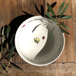 Personalized and custom ceramic cereal bowl with various pretty décor suggestions.