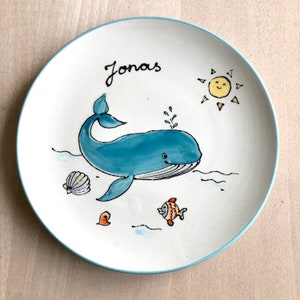 personalized children's plate, ceramic plate with name, christening gift, first birthday, children's tableware, whale image 3