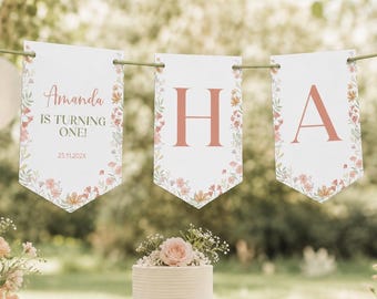 Wildflower 1st Birthday Banner, Editable Girl Birthday Bunting, Printable Boho Floral Happy Birthday Garland, Party Decor