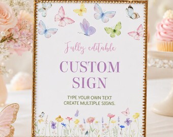 Personalisiertes Schmetterlings-Partyschild | Vorlage für ein bearbeitbares Geburtstagsschild | Florale Gartenparty-Dekoration | Druckbares Schmetterlingsschild | Sofort-Download