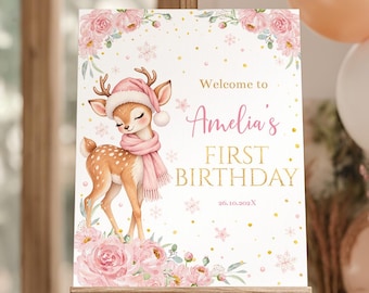 Editable Winter Onederland Welcome Sign | Deer 1st Birthday Welcome Poster | Pink Floral First Birthday Sign | Instant Download | D022