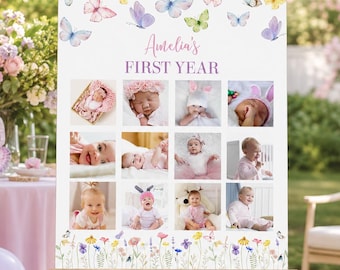 Fotocollage-Poster zum ersten Lebensjahr, Schmetterlings-Schild zum 1. Geburtstag, bearbeitbare Meilensteintafel für Mädchen, druckbare Partydeko mit Wildblumen und Schmetterlingen