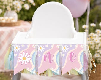 Daisy första födelsedagsbanderoll för barnstol | Pastellblommig ONE-banderoll | Cake Smash-dekor | Utskrivbar 1-årsfest. D007