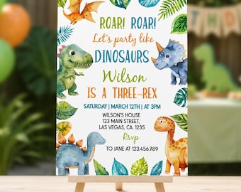 Invito di compleanno a tema dinosauri modificabile, Invito con tre Rex, Invito con dinosauri, Invito di compleanno con tre Rex, Download immediato D015