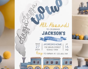 Chugga Two Two Invitation, Train Birthday Invitation, Choo Choo Train Boy 2nd Birthday Invite, Printable. T008