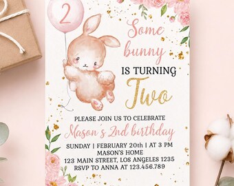 EDITABLE Some Bunny Is Two Invitation, Bunny Birthday Invitation, Pink Gold Bunny Girl Second Birthday Invite, Printable Template. R001