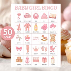 Bingokaarten voor babymeisje douche, bingospel babyshower, leuke afdrukbare activiteit babyshower, Pink Girl babyspel direct downloaden.