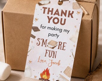 S'more Birthday Thank You Favor Tag, Rustic Camping Birthday Favor Tags, Editable Bonfire Party Thank You, Printable. S022