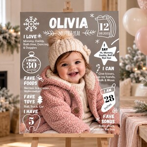 Puede incluir: Un cartel de cumplea&ntilde;os con la foto de un beb&eacute; con abrigo rosa y gorro de punto. El texto incluye el nombre Olivia, My First Year, la fecha 12.08.2022, I Love, I Weigh 30 pounds, I Say, I Can, I Am 28 inches, Fave Foods, Fave Toys y Fave Songs.