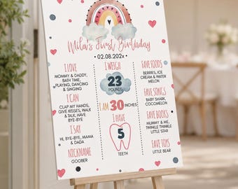 Placa de aniversário boho arco-íris editável para comemorar o primeiro aniversário, pôster comemorativo de aniversário com arco-íris em tons suaves, quadro-negro boho para o primeiro aniversário, modelo para impressão. R003