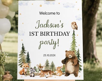 Woodland 1st Birthday Welcome Sign | Forest Animals First Birthday Party Decor | Wild One Editable Welcome Poster Printable