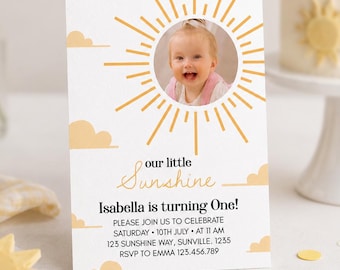 Editable Sunshine First Birthday Invitation, Boho Sunshine 1st Birthday Invite with Photo, Sun Birthday Card, Customizable Template. S005
