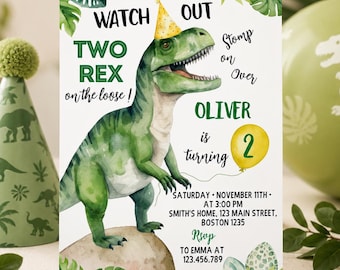 Dinosaur 2nd Birthday Invitation, Two Rex Invitation, Boy Dinosaur Birthday Invitation, Two Rex Birthday Invite, Instant Download. D002