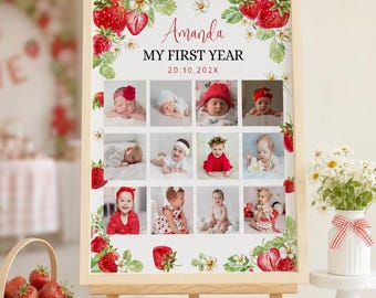 Berry 1st Birthday Photo Collage Poster, Strawberry Photo Monthly Milestone, Baby First Year Collage, Printable Template. S009