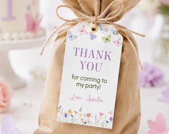 Editable Butterfly Favor Tag | First Birthday Thank You Tag | Wildflower Birthday Party Favor | Printable Gift Tag | Instant Download. B015