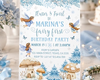 Fairy First Party Invite | Winter Onederland Birthday Invitation | Snowflake Wonderland Girl 1st Birthday Printable Invite. W020