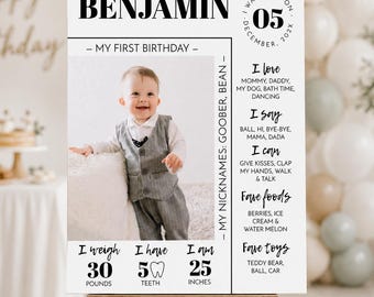 EDITABLE First Birthday Milestone Poster, Modern 1st Birthday Milestone Sign, One Year Photo Baby Milestone Board, Printable Template. M004