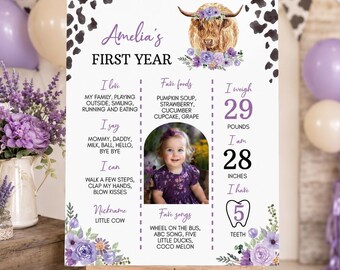 Holy Cow I'm One Milestone Board, Purple Floral Cow 1st Birthday Milestone Poster, Highland Cow Birthday Milestone Sign, Printable.