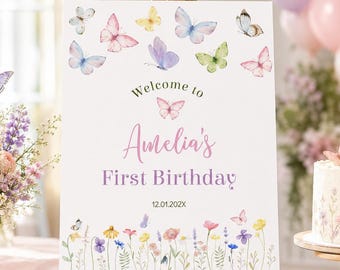 Butterfly First Birthday Welcome Sign | Floral Garden Party Decor | Editable 1st Birthday Poster | Printable Butterfly Sign