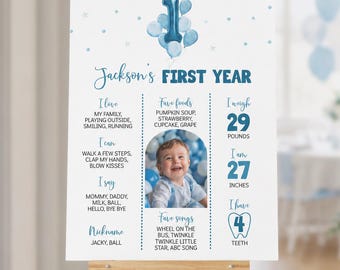EDITABLE Blue Balloon First Birthday Milestone Board, Boy 1st Birthday Photo Milestone Poster, Blue First Birthday Milestone, Printable B004