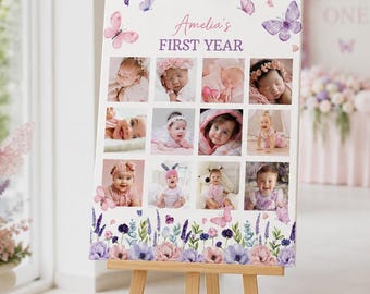 Editable First Year Photo Collage, Butterfly 1st Birthday Photo Milestone, Baby 12 Months Photo Poster, Printable Template. B021